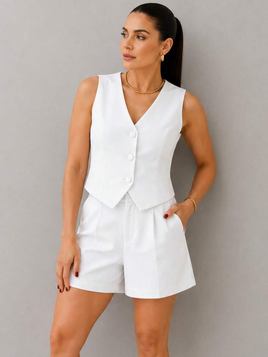 Women's Tailored Vest And Shorts Set - 白色的 - 查看 1