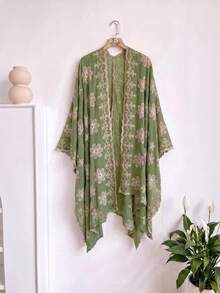 1件優雅花卉刺繡開襟披肩女款和服/圍裙，春夏波希米亞風外套，海灘度假防曬裝飾刺繡開襟衫，適合日常搭配，完美禮物選擇 - 綠色 - 查看 6