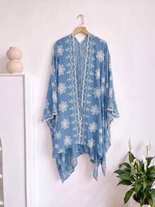 1件式優雅花卉刺繡開襟和服式圍裙女款，春夏波希米亞風外衣，海灘度假防曬裝飾刺繡開襟衫，適合日常穿搭，完美禮物選擇 - 藍色 - 查看 6
