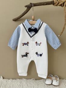 Baju Terusan Bayi Laki-Laki Motif Kotak-kotak dengan Bordir Anak Anjing dan Pita, Lengan Panjang - Putih - View 4