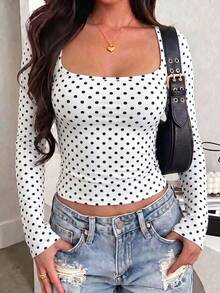 GLAMSKIN Women's Autumn Basic Polka Dot Square Neck Long Sleeve Fitted Short Top, White Sexy Fitted T-Shirt, Casual Shirt, Suitable For Back To School And Outings - White Background With Black Dots - View 6