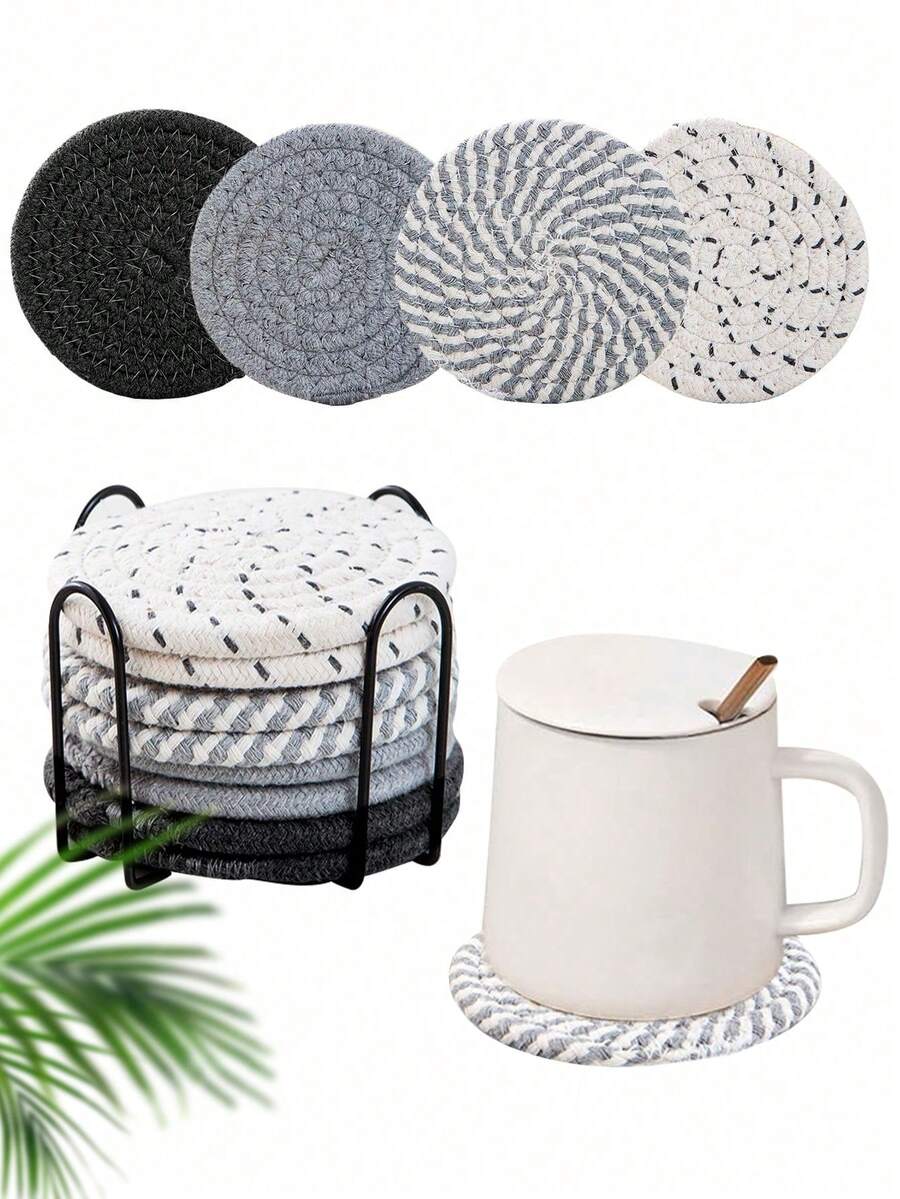 8pcs Beverage Coaster Set With Holder, Minimalist Woven Desktop Coasters, Heat-Resistant Kitchen Dining Table Coasters, Thickened Insulated Pads, 4-Color Absorbent Coaster Set, Home Decor Desktop Protection, Suitable For Various Cups, 4.3 Inch - Black and Gray - View 1