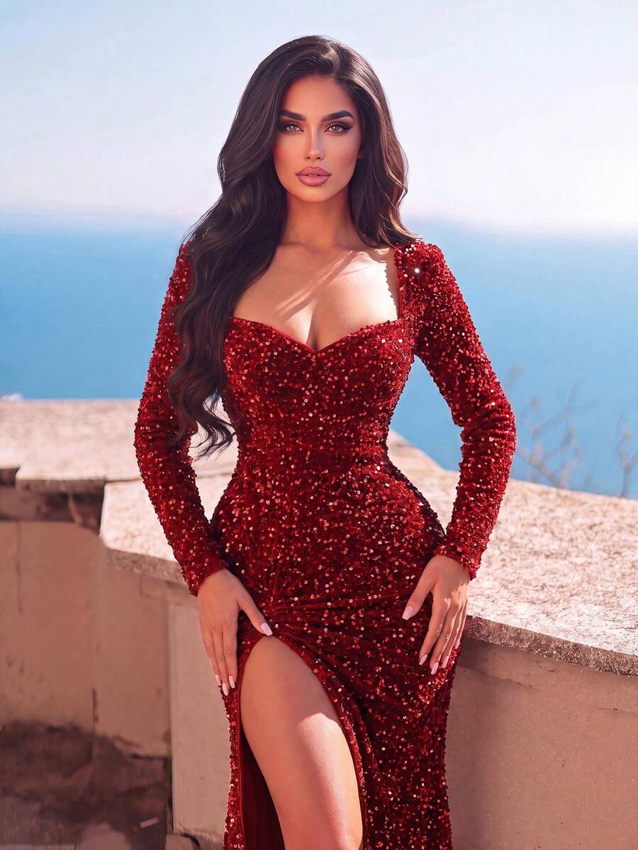 Faeriesty Elegant Sweetheart Neckline Slit Sequin Party Dress, Formal Gown For Wedding Guest Spring Fall