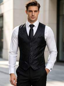 Plus Size 4Pcs Black Paisley Jacquard V-Neck Vest Tie Pocket Square Cufflinks Set, Cufflinks In Random Patterns, Formal Matching Suit Set For Wedding - Black - View 1