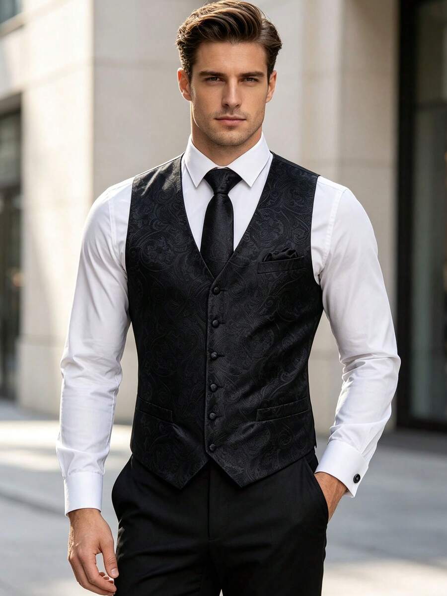 Plus Size 4Pcs Black Paisley Jacquard V-Neck Vest Tie Pocket Square Cufflinks Set, Cufflinks In Random Patterns, Formal Matching Suit Set For Wedding - Black - View 1