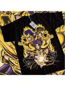 Camiseta de Anime Saint Seiya - Caballeros del Zodíaco con Ikki, Shun y Hyoga - Posiciones de Batalla Dinámicas - Llamas Doradas - Ropa Casual de Cosplay - Tallas Disponibles - Ropa para Fan - Negro - Ver 7