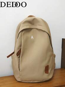 Dedoo Solid Color Canvas Zipper Large Capacity Multi-Pocket Lightweight Student Backpack, Suitable For Back To School Season Campus Travel, Applicable To Students And Teenagers, Random Letter - Khaki - View 8