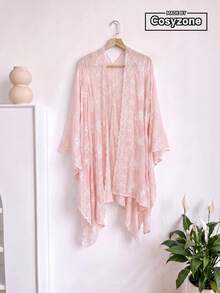 1pc Elegant Floral Embroidered Split Shawl Kimono/Sarong For Women, Spring/Summer Bohemian Style Outerwear, Beach Vacation Sun Protection Cover-Up, Decorative Embroidered Cardigan, Suitable For Daily Wear, Perfect Gift Choice - Pink - View 1