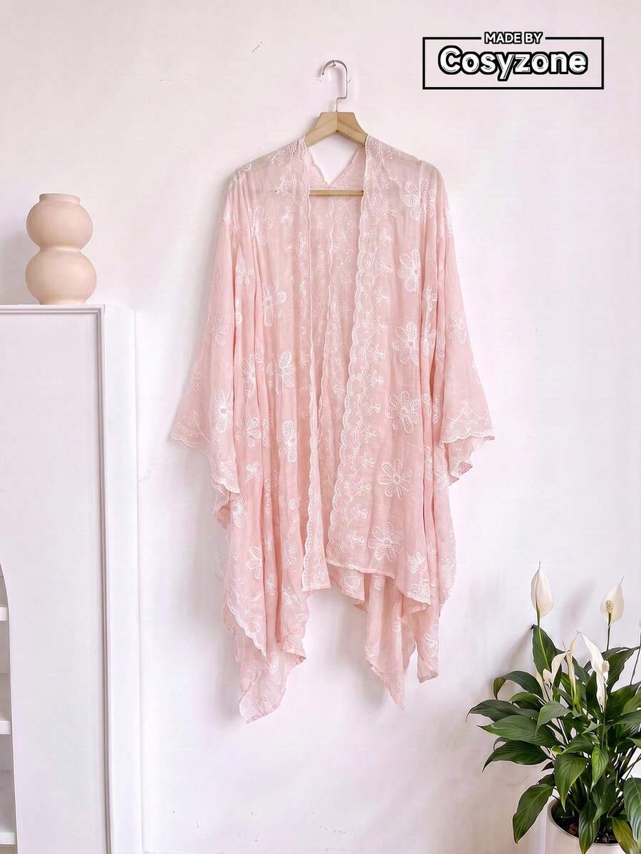 1pc Elegant Floral Embroidered Split Shawl Kimono/Sarong For Women, Spring/Summer Bohemian Style Outerwear, Beach Vacation Sun Protection Cover-Up, Decorative Embroidered Cardigan, Suitable For Daily Wear, Perfect Gift Choice - Pink - View 1