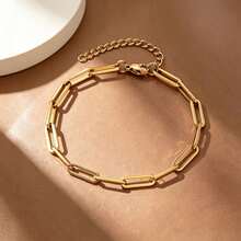 Luxury 18K Gold Plated Stainless Steel Bracelet 5-Piece Set, Bamboo Joint Open Bangle, Rectangular Pendant Thin Chain, Hollow Clover Bracelet, Cuban Thick Chain, Paperclip Chain, Non-Fading Women's Layered Jewelry Gift - Gold - View 4