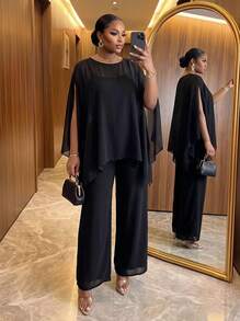 SHEIN Lady CURVE Blus Cape Transparan Warna Polos Elegan Ukuran Plus untuk Pesta, Atasan Hitam Ukuran Plus, Atasan Transparan Ukuran Plus untuk Musim Semi untuk Wanita - Hitam - View 5