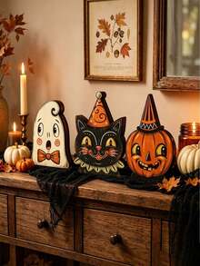 Decoración de Halloween Vintage para Interiores, Estantería de Bloque de Madera Retro, Fantasma Lindo, Calabaza, Gato Negro, Esqueleto, Búho Bruja, Regalo de Inauguración de Casa - Ver 8