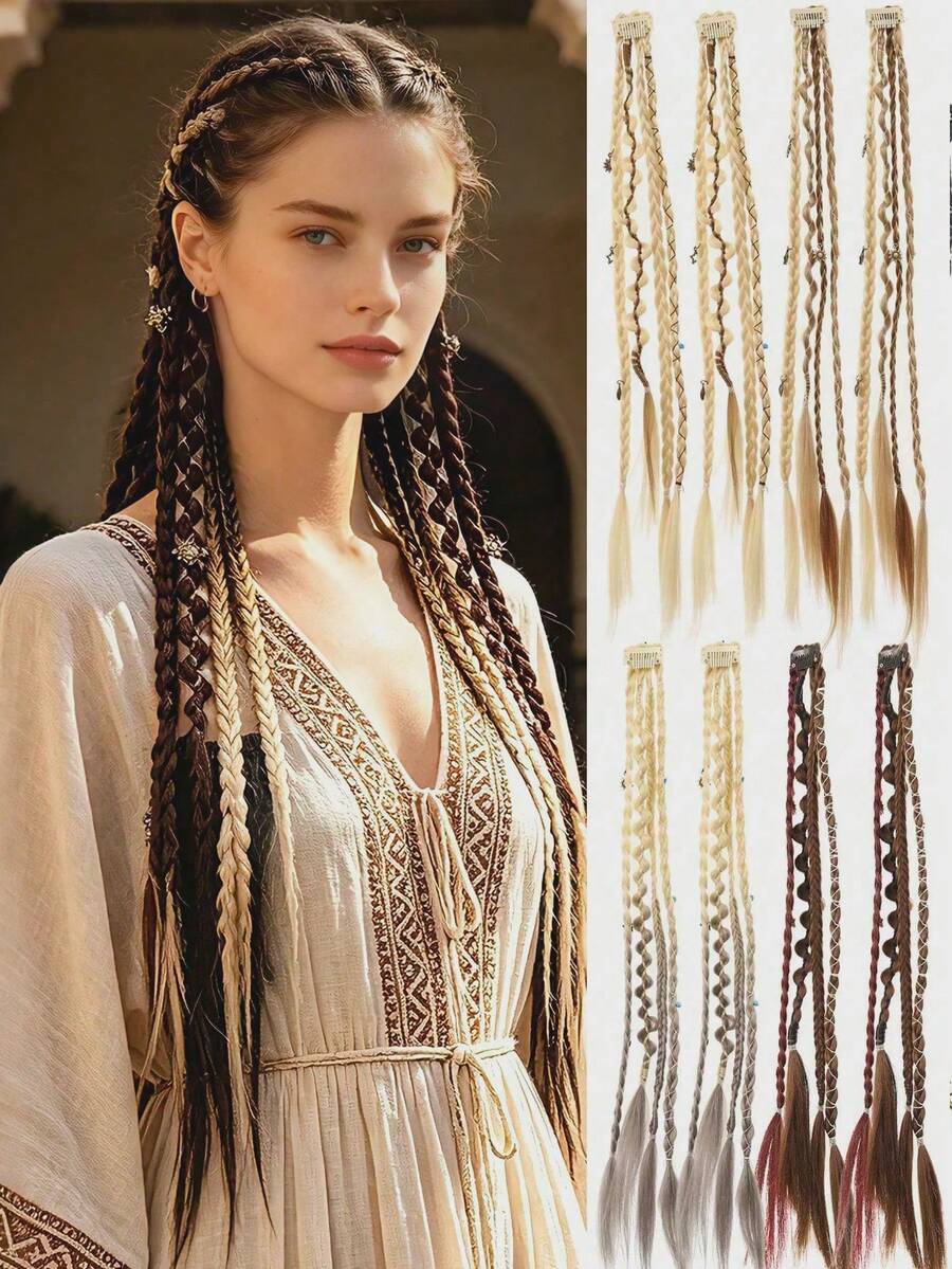 2pcs Handmade Bohemian Style 20 Inch Clip-In Hair Extensions, Bohemian Dreadlock Style, With Daily Wear Beads And Exquisite Accessories, With Claw Clips,Halloween - Multicolor - View 1