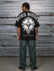 男士美式哥德風 Born Sinner 雕刻十字架印花長袖深色宗教 T-shirt - 黑色 - 查看 3