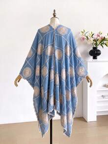1件女款優雅花卉刺繡開襟和服式圍巾/沙龍披肩，春夏波希米亞風外衣，海灘度假防曬罩衫，裝飾性刺繡開襟衫，適合日常穿著，完美禮物選擇 - 藍色 - 查看 2