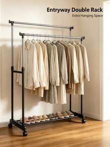 Single/Double Pole Height Adjustable Freestanding Metal Clothes Rack, Modern Minimalist Silver And Black Rectangular Frame Garment Rack With Universal Caster Wheels, Suitable For Bedroom, Balcony, Laundry Room And Clothing Display - Multicolor - View 3