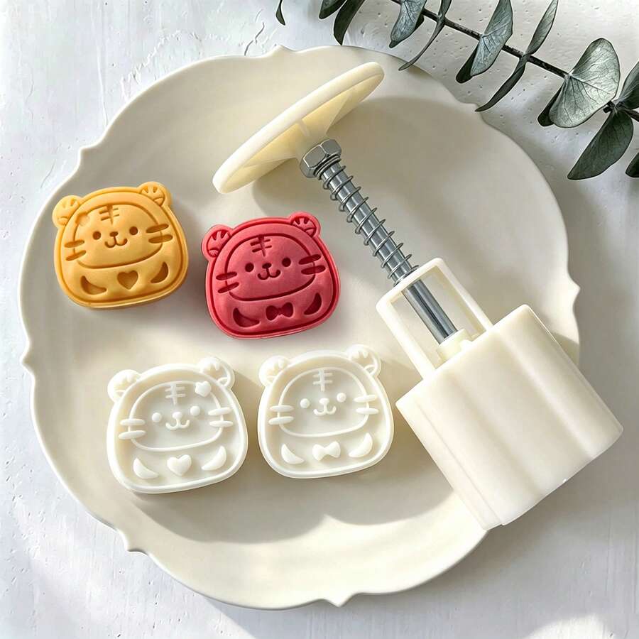 1 Set Cartoon Little Tiger Mooncake Mold, 50g Embossed Pastry Mold, Includes 1 Hand Press Mold, 2 Printed Sheets, Suitable For Making Desserts, Dim Sum, Cakes, Cookies, Etc., Kitchen Tools, DIY Baking Tools - View 1