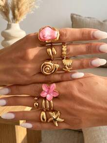 10pcs/Set Vintage Fashion Bohemian Summer Vacation Style Colorful Pink Seashell Starfish Scallop Oil Drop Plumeria Stackable Open Adjustable Ring Set Sweet Personalized High-End Stacked Jewelry Suitable For Women Vacation Party Date Gift Daily Wear Versatile Jewelry Ideal Gift For Girlfriend, Family - Pink - View 2