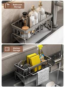 1pc Stainless Steel Kitchen Sink Caddy, Sponge Holder & Dish Soap Organizer With Towel Bar, Drip Tray, Drain Rack, Brush Holder For Countertop, Dishcloth, Scrubber, Soap, Bottle, Small Kitchen Sink Storage - Multiple Styles and Colors - View 10