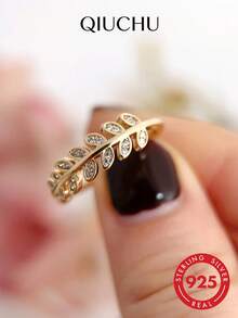 QIUCHU 1pc S925 Sterling Silver Original Personalized Leaf Luxury Ring, Women's Elegant Open Ring, Graceful Tail Ring. Suitable For Women's Daily Wear, Dating, Gathering, And Also An Excellent Holiday Gift. Silver Net Weight: 1.6g - Gold - View 2