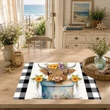 1pc/4pcs/6pcs Highland Cow Pattern Printed Linen Placemats, Rectangular Table Mats, Washable, Easy To Clean, Plate Mats, Bowl Mats, Western Style Placemats, Suitable For Kitchen, Dining Room, Family Gatherings, Coffee Table And Daily Table Decoration - Multicolor - View 2