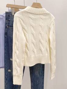 Women Solid Cable Knit Cardigan, Long Sleeve Soft Knit Sweater, Minimal Elegant Commuter Top For Office Daily Date Vacation Fall Winter - White - View 6