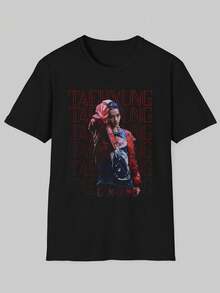 Camiseta con estampado de retrato de ídolo , estilo fácil de llevar, ideal para entusiastas del pop, salidas de ocio, ropa casual para todas las estaciones, cuello redondo negro, camiset - Negro - Ver 1