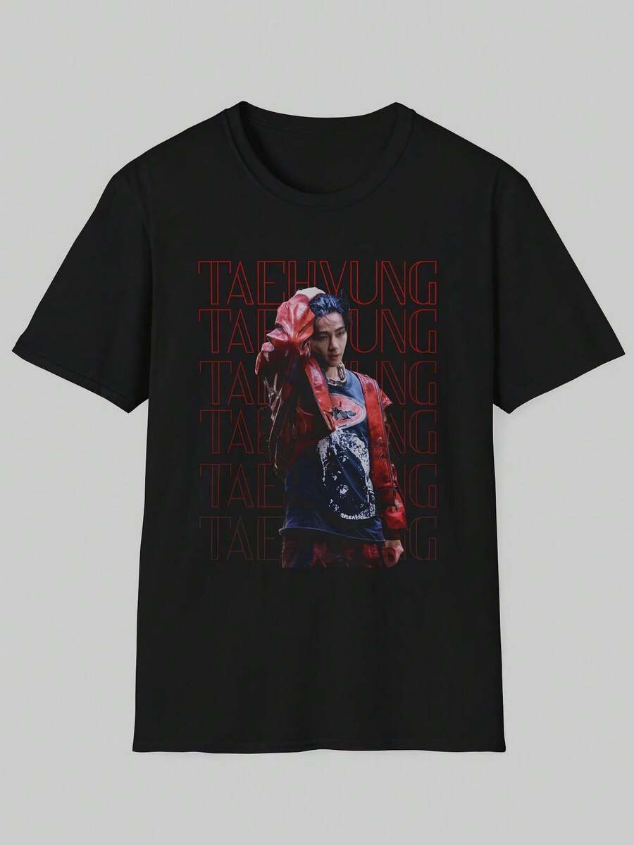 Camiseta con estampado de retrato de ídolo , estilo fácil de llevar, ideal para entusiastas del pop, salidas de ocio, ropa casual para todas las estaciones, cuello redondo negro, camiset - Negro - Ver 1