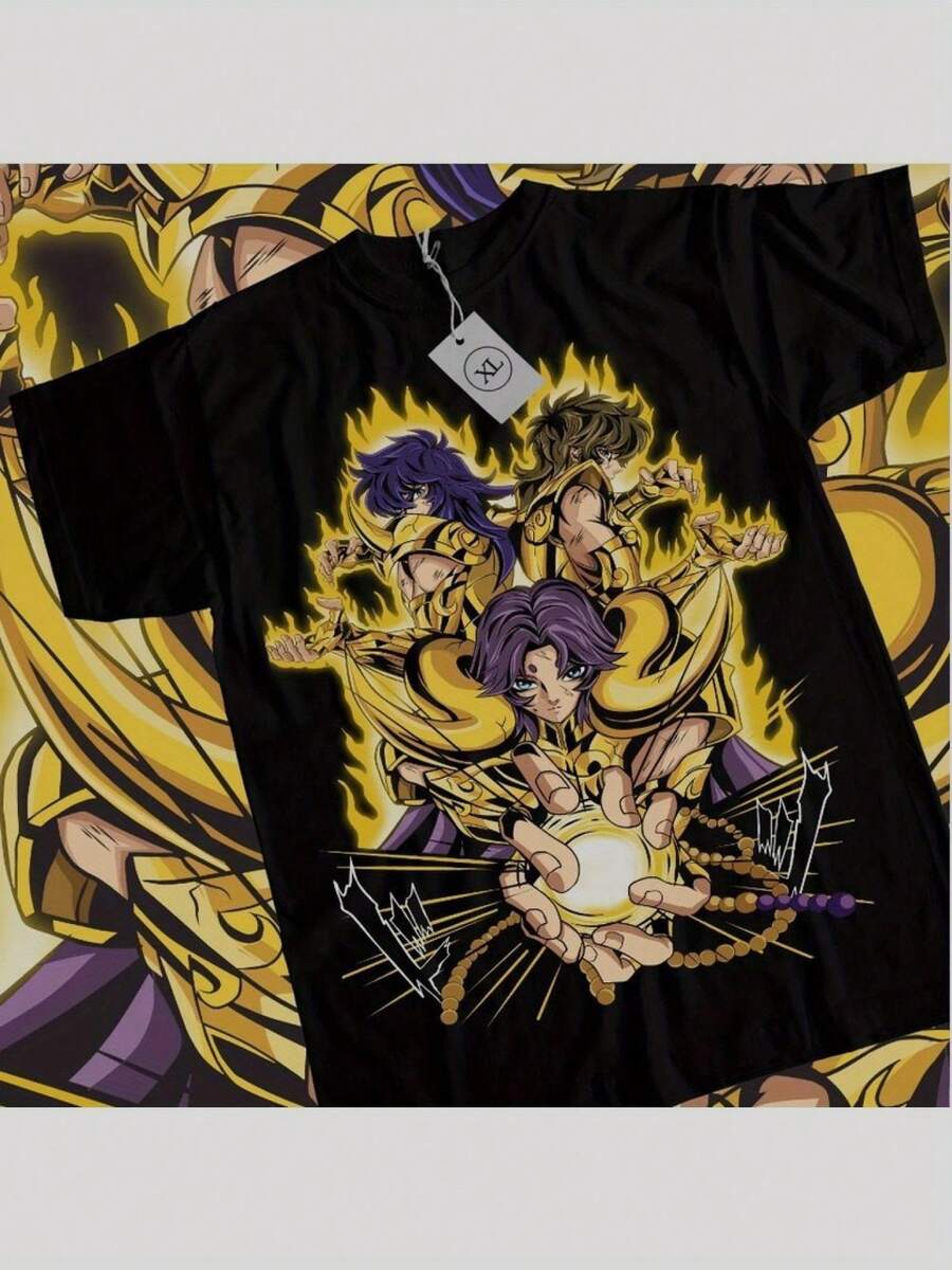 Camiseta de Anime Saint Seiya - Caballeros del Zodíaco con Ikki, Shun y Hyoga - Posiciones de Batalla Dinámicas - Llamas Doradas - Ropa Casual de Cosplay - Tallas Disponibles - Ropa para Fan - Negro - Ver 1