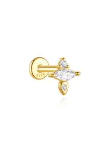 1pc 925 Sterling Silver Flat Back Earrings Hypoallergenic Dainty Cubic Zirconia Earrings Studs Flatback Dangle Stud Earring Helix Piercing Jewelry - Gold - View 15