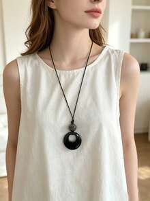 1pc Vintage Black Leather Cord Long Round Pendant Necklace, Suitable For Women's Daily Wear, Beach Vacation Accessory, Autumn/Winter Accessory, Holiday Gift - Black Geometric Long Necklace - View 2
