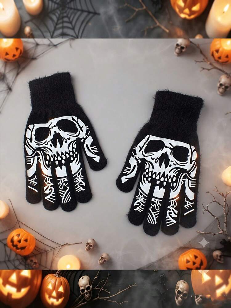 Flexible Knitted Full Finger Gloves, Pirate Skull Crossbones Halloween Themed Outfit Gloves Black Skeleton Bone Pattern Halloween Party Decor Gloves - Multi-color a - View 14