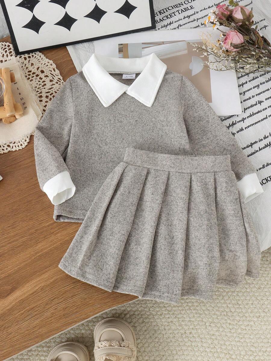 2pcs Baby Girl Casual Soft Commuter Style Lapel Long Sleeve Top & Matching Fabric Elastic Pleated Skirt Set, Suitable For Spring Autumn Daily Outings - Grey - View 1