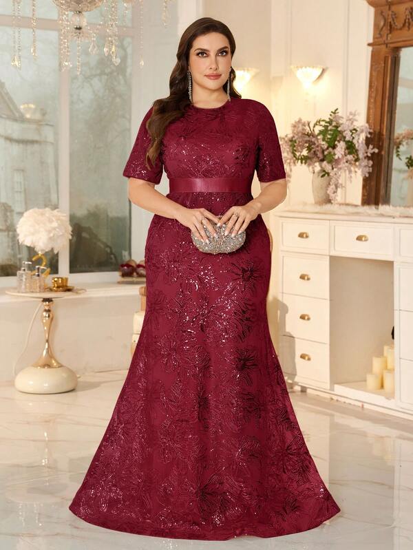 XUIBOL Waist Elastic Band Trim Plus Size Round Neck Short Sleeve Sequin Elegant Luxury Evening Gown, Formal Party Dress For Mother, Wedding Guest Dress
