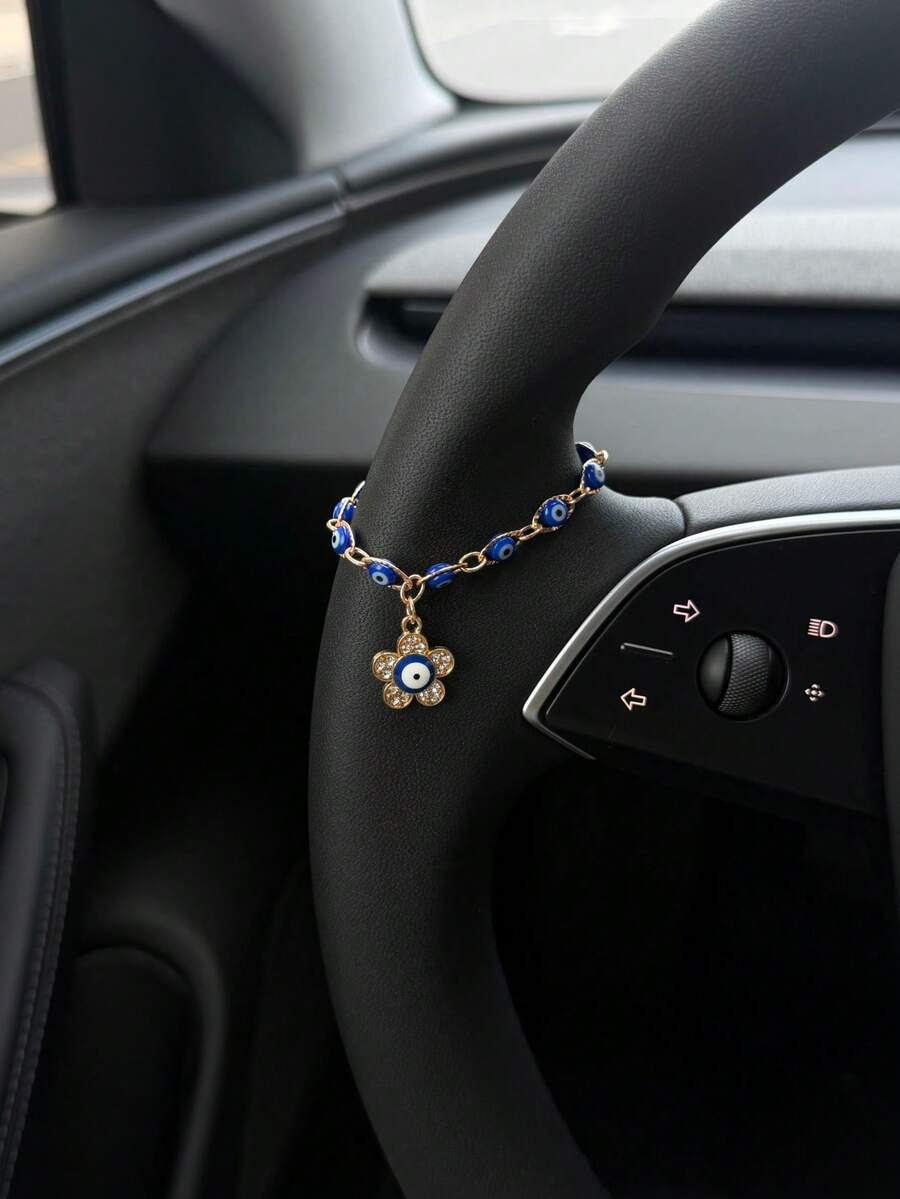 1件裝邪惡之眼汽車方向盤掛鏈，銀色調藍色納扎爾珠吊墜，閃亮水鑽土耳其邪惡之眼飾品，女性幸運守護車內飾配件，適用於大多數車型，波希米亞風格裝飾 - 惡魔眼B - 查看 1
