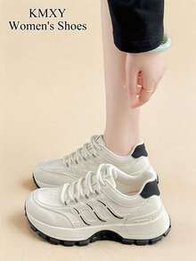 1 Pair Women's Thick Sole Athletic Shoes Lace-Up Patchwork Design Daily Walking Shoes - Black and White - View 1