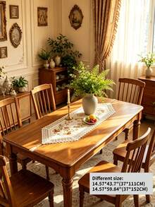 1pc 100% Polyester Vintage Butterfly Floral Embroidered Table Runner, Lace Edge Triangle Table Runner With Tassels, Farmhouse Style Dining Table Decor - Khaki - View 16
