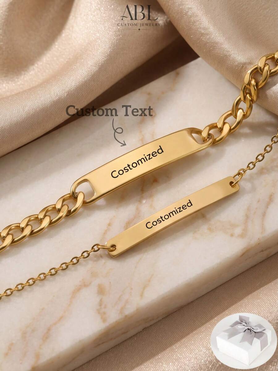 18K Gold Plated Stainless Steel Couple Bracelets, Men's Necklace, Women's Thin Chain, Customizable Brand Name, Valentine's Day Gift, Comes With Gift Box. Perfect As Valentine's Day Gift. Ideal Gift For Boyfriend, Girlfriend, Dad, Mom, Family, Friends, Pets, Grandparents, Son, Daughter, Also Suitable For Anniversary, Birthday, Daily Wear, Party - Multicolor - View 1