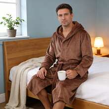 1pc Luxury Plush Fleece Men Robe With Hood Long Spa Bathrobe Men,Cozy Long Sleeve With Blueberry Collar, Machine Washable, Solid Color With Pockets And Belt Detail For All Seasons Comfort - Multicolor - View 9