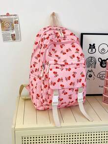 Dedoo 4pcs Backpack Tote Bag Storage Bag Pencil Case Set, All-Over Red Cherry Print, No Pendant Multi-Zipper Compartments, Suitable For Teenage Girls School Daily Summer Travel - Multicolor - View 7