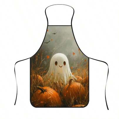 1pc Halloween Autumn Wildflower Grassland Ghost Pumpkin Print Apron, Featuring Cute Smiling Ghost Surrounded By Dried Grass, Orange Flowers And Pumpkins In A Countryside Scene, Durable Cooking Apron Suitable For Bakers, Cake Decorators, BBQ Enthusiasts, Gardeners, Painters, Nail Artists - Perfect Gift For Home And Professional Chefs