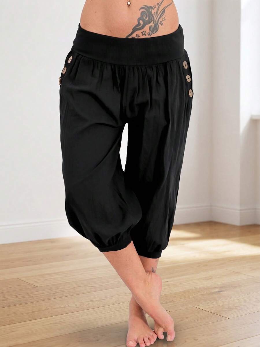 Pantalon capri noir d'été pour femmes, couleur unie, simple et décontracté avec cordon de serrage - Noir - Voir 1