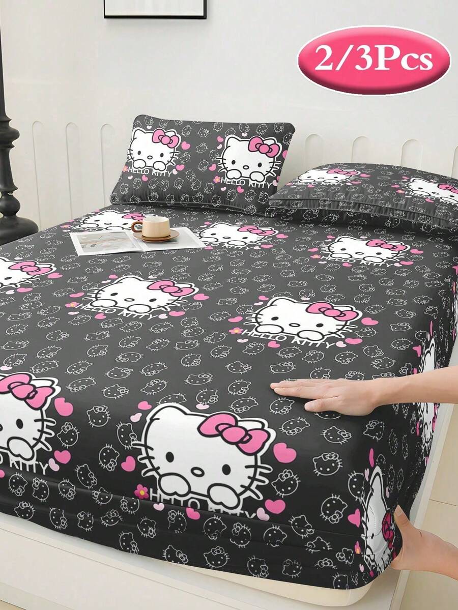 Sanrio 2/3件組 Hello Kitty 床上用品套裝,可愛卡通印花床單套組,床墊保護墊、床罩、床單,舒適家居紡織品,透氣防起球床墊保護墊,家居裝飾,適用於所有床尺寸-單人床、雙人床、加大床、特大床,四季通用,防塵床罩,可機洗 - 黑色愛心KT - 查看 1