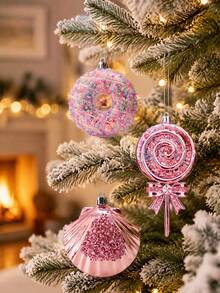 Pink Glitter Christmas Tree Decor Hanging Ornament, Sweet Style 3D Plastic Candy Lollipop Donut Shell Shaped Xmas Decor, Holiday Home Decor, Bedroom, Wedding, Birthday Decor Supplies, New Year Party Atmosphere Decor, Christmas/Winter Decor And Gifts - Pink Pendant - View 4