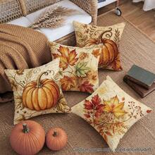 4pcs Autumn Vintage Letter Maple Leaf Pumpkin Pillow Covers, Single-Sided Printed Skin-Friendly Peach Skin Velvet Material, 45*45CM Cushion Covers Suitable For Home Bedroom Living Room Room Party Decoration, Watercolor Hand-Painted Pumpkin Autumn Atmosphere Sofa Decorative Cushion Covers Holiday Gift Giving, Pillow Insert Not Included - Multicolor - View 7