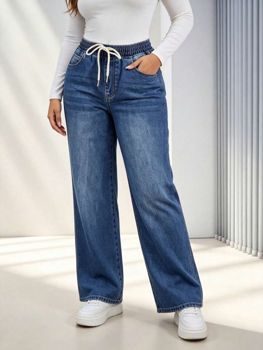 Pantalones vaqueros anchos azules con cintura elástica y cordón, cómodos y sueltos, de largo hasta el tobillo - azul medio - Ver 1