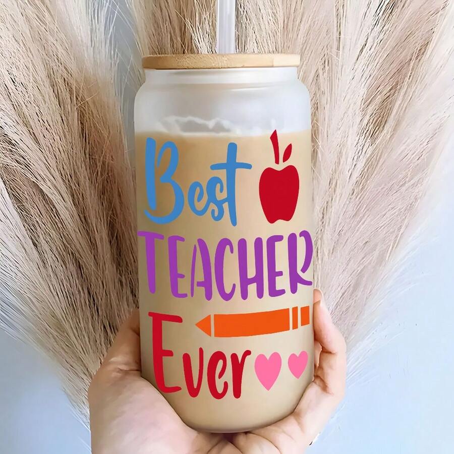 印有彩色「Best Teacher」字母的玻璃蘇打杯,附竹製蓋子與塑膠吸管,送給老師的可愛禮物 - 彩色 - 查看 1