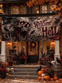 1件裝黑紅配色「Welcome To Hell」歡迎來到地獄橫幅，哥德恐怖風聚酯纖維長方形掛旗，附巨型骷髏、發光眼睛、烏鴉、蝙蝠與骷髏手，適用萬聖節門廊、鬼屋、派對、酒吧、牆面及戶外居家裝飾 - 多色 - 查看 10