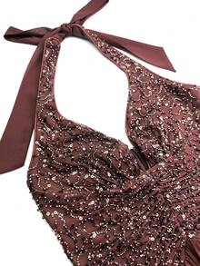 UNITHORSE [Random Cut] Halter Tie-Up Backless Waist Cinched Sequin Patchwork Chiffon Evening Dress - Coffee Brown - View 5
