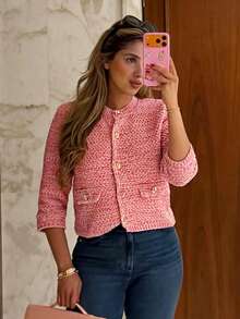 Stylish And Elegant Women's Knitted Cardigan, Three-Quarter Sleeves, Crew Neck, Gold Buttons, Perfect For Transitional Autumn And Winter Outfits. Fall - Multicolor - View 2